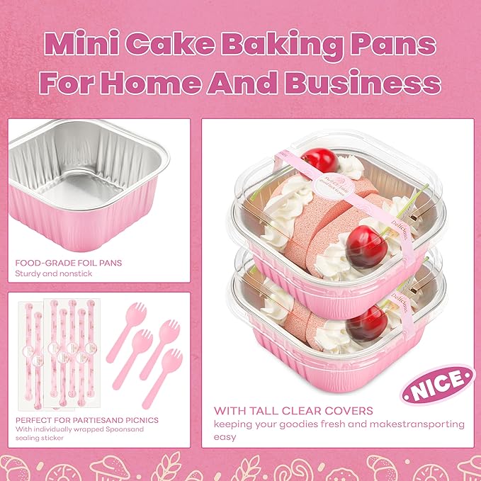 60 Pack Mini Cake Pans with Lids, Mini Aluminum Pans, Disposable Loaf Pans Cupcake Liners with Lids for Pudding, Souffle, Party, Wedding (Pink, 10 oz)
