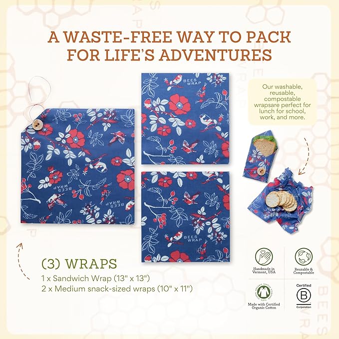 Bee's Wrap Beeswax Wraps for Food - Botanical 3 Pack (2M 1 Sandwich) Made in USA Reusable & Organic Food Wraps, Sandwich Wrap - Eco-Friendly Alternative to Aluminum Foil & Plastic Wrap