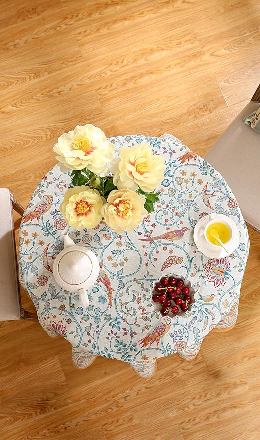 patdrea Designer Yellow French Spring Summer Tablecloth,Rustic Linen Floral Birds Table Cloth for Round Tables,Decor Table Cover for Kitchen Dining Holiday Banquet,Christmas,Diameter 55"