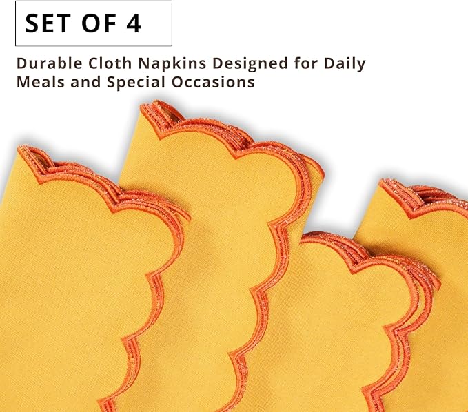 PurpleEssences Scalloped Embroidery Cloth Napkins Christmas Holiday Winter Table Decor 100% Cotton Set of 4-18 x 18 inch - Golden Yellow - Edges - Orange