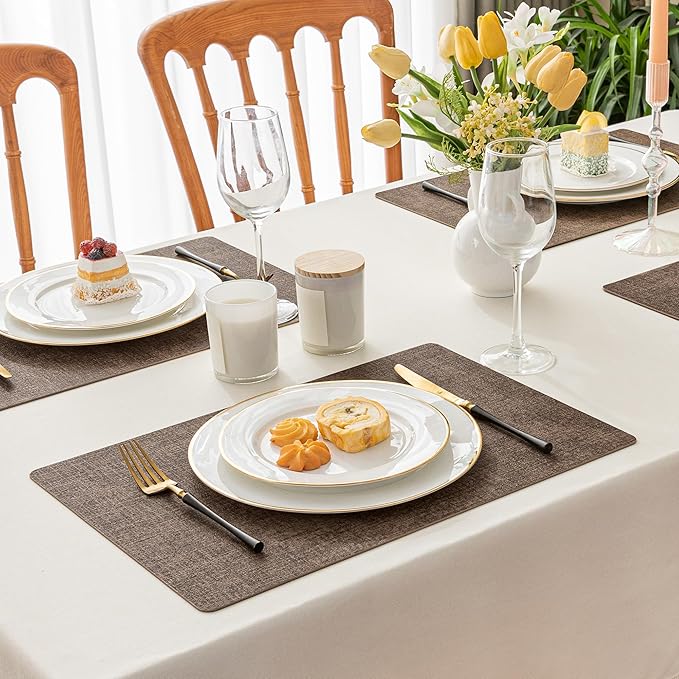 Romanstile Vinyl Placemats Set of 8-12 X 18 Inch - Heat Resistant Place Mats 100% Waterproof Oilproof Wipeable Reversible Faux Leather Table Mats for Kitchen/Dining/Party/Outdoor, Brown