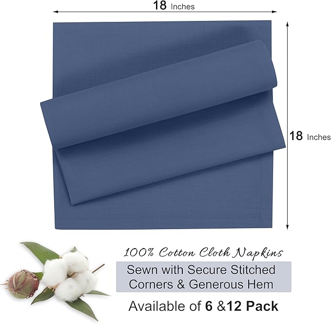 Ruvanti Cloth Napkins Set of 12, 18x18 Inches, 100% Cotton, Washable, Soft & Absorbent, Perfect for Wedding, Christmas, ‎Thanksgiving Dinners - Bijou Blue