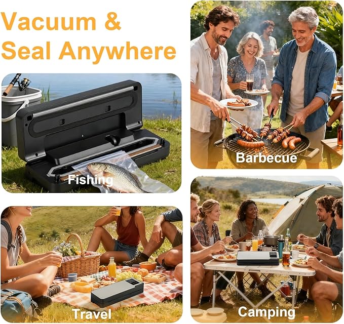 Cordless Food Vacuum Sealer Machine, 75Kpa Strong Suction, Rechargeable Dry & Moist Food Modes Food Sealer, Compact, Stainless Steel, Built-in Cutter for Home Kitchen Camping Fishing Picnic