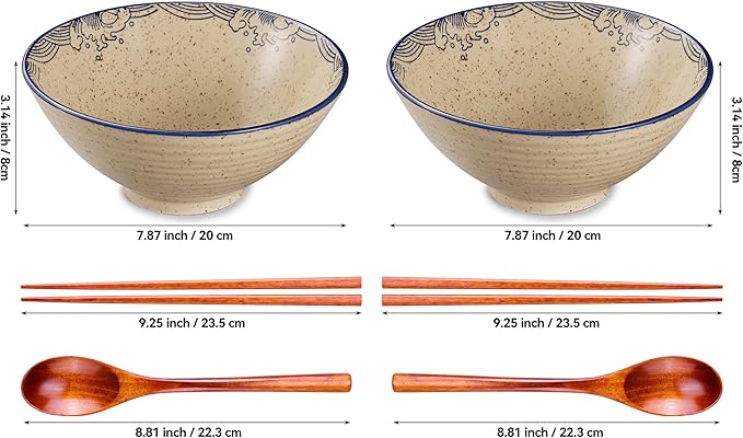2 x 40 OZ ceramic ramen bowls, 8 IN large Japanese noodle soup bowl, match chopsticks and spoons, suitable for Pho, Udon Asian noodles (Japanese fish 2 set)