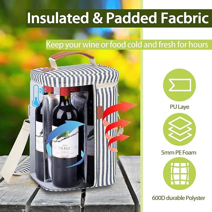Tirrinia 4 Bottle Leakproof Insulated Wine Carrier Tote Bag - Padded and Portable for Travel, Restaurants, Tastings, Parties - Great Gift for Wine Lovers, Stripe Pattern