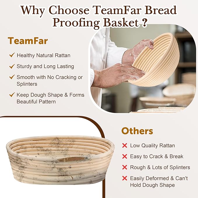 TeamFar Sourdough Bread Baking Supplies, 9” Round and 10” Oval Sourdough Starter Kit, Proofing Basket Set with Cloth Liner, Bread Lame, Whisk Dough, Bowl Scraper, Brush