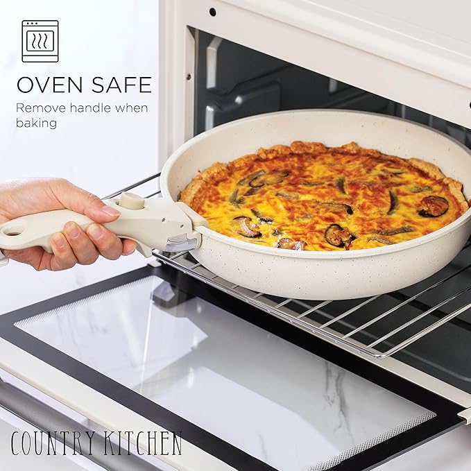 Country Kitchen Cookware Set with Removable Handle, Oven & RV Safe Pots and Pans Set, Cream, Deluxe Larger Set