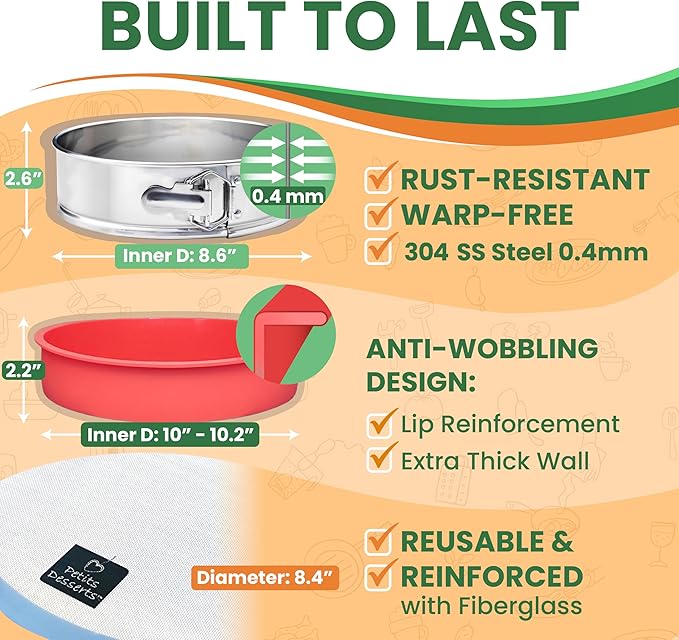 Cheese Cake Pans for Baking - NON TOXIC 9 Inch Spring Form Pan for Cheesecake with LEAKPROOF SILICONE PROTECTOR - STAINLESS STEEL 9 Inch Springform Pan for Cheesecake WATER BATH