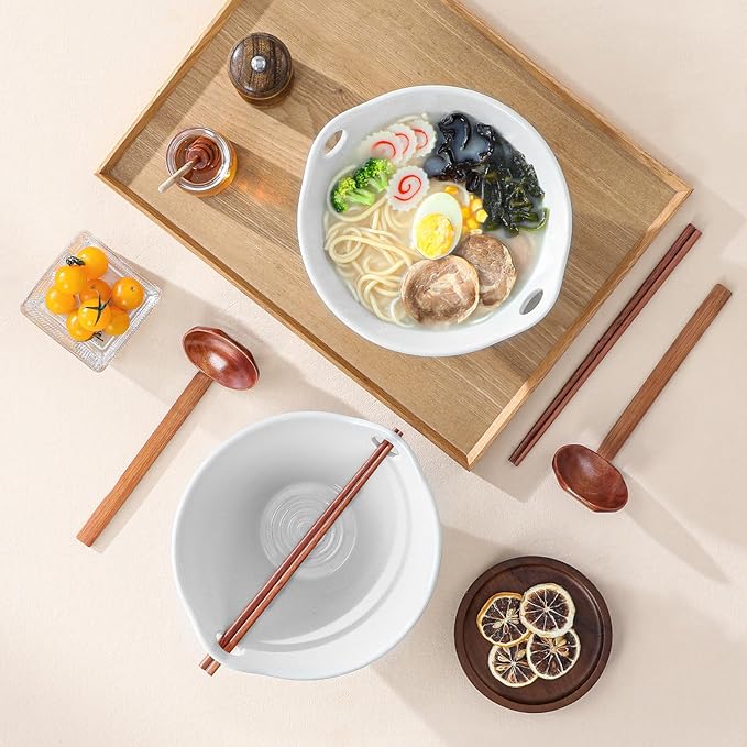 MALACASA 42 oz Ceramic Ramen Bowl Set with Wooden Spoon & Chopsticks, Japanese Style Soup Bowls for Ramen, Pho, Noodles – Set of 2, Microwave & Dishwasher Safe, Series TARA (Gray and Khaki)