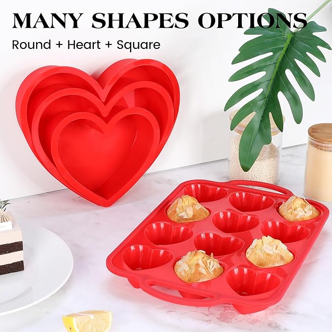1 Pc Heart Shaped Muffin Pan with Metal Reinforced Frame 12 Cup Nonstick Silicone Heart Cake Mold for Baking 2.5 Inch Cupcake Tray (Red)