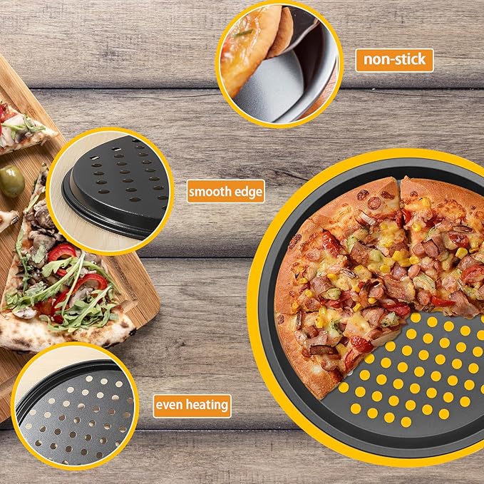 2Pcs Carbon Steel Pizza Pan With Holes 9inch 12inch non stick pizza pan for Oven Round Perforated Pizza Tray Pizza Bakeware For Home Restaurant Baking (9inch&12inch)