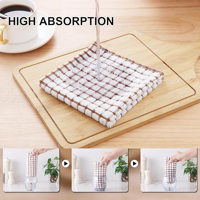 Kitinjoy Cotton 8 Pack Terry Kitchen Dish Cloths, 12 x 12 Inches Super Soft and Absorbent Dish Rags, Quick Drying Dish Towels for Washing Dishes, Brown