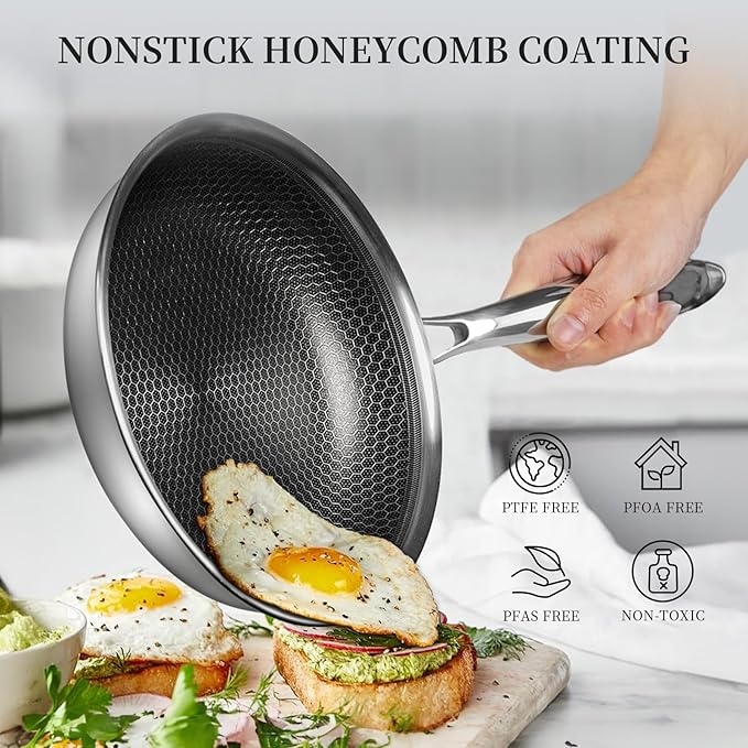 Stainless Steel Frying Pan Set with Lid 10" and 12" Nonstick Honeycomb Coatings Skillet Set 2pcs W/Stay Cool Handle,Works Pan for Cooking with Induction Gas Stovetops