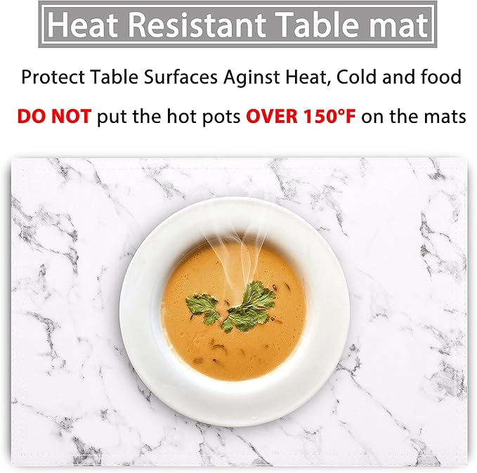 Marble Faux Leather PU Placemats, Set of 6, Easy to Clean, Heat & Stain Resistant for Dining Kitchen Table, Office Conference, Home Decor