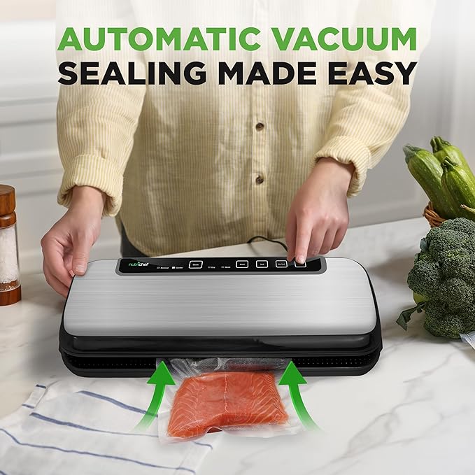 NutriChef Food Vacuum Sealer Machine, Stainless Steel Automatic Air Sealing System for Dry/Moist Foods, LED Touch Controls, Includes Vacuum Hose, Bag Roll and Wine Stopper, 110W Suction Power, 14"x6"