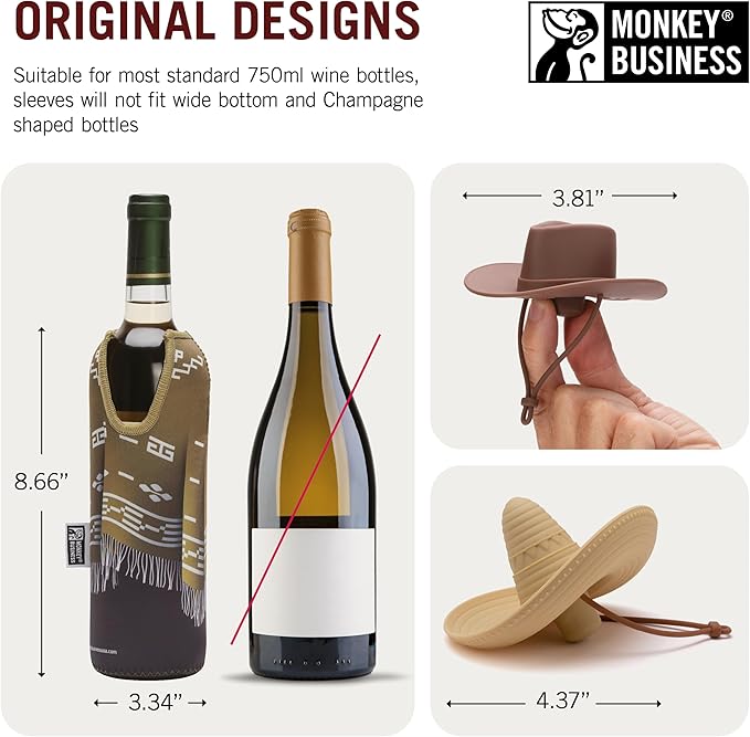 Monkey Business Giftbox for Wine Lovers – 2 Neoprene Wine Bottle Poncho Covers + 2 Silicone Wine Stoppers – Funny Wine Gifts for Hosts and Parties – Insulated Wine Sleeves – Fits 750ml Bottles