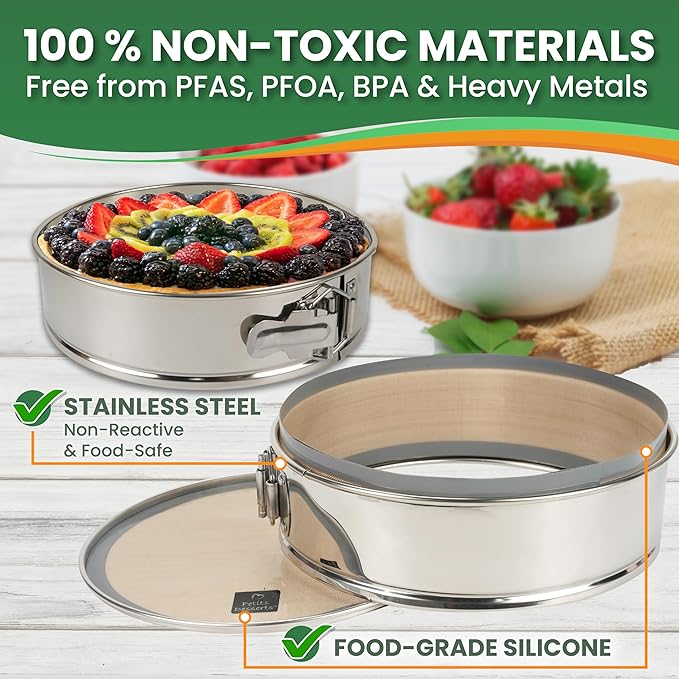 STAINLESS STEEL Springform Pan with REUSABLE Nonstick Silicone Liner - NON TOXIC Springform Pan for Cheesecake, 9 Inch Springform Ppan
