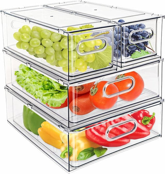 Eanpet 4Pack Stackable Refrigerator Organizer Bins Pull Out Drawer Large Vegetable Fruit Storage for Fridge Organizer Drawers with Handle Clear Food Storage Container Box for Kitchen Pantry Cabinet