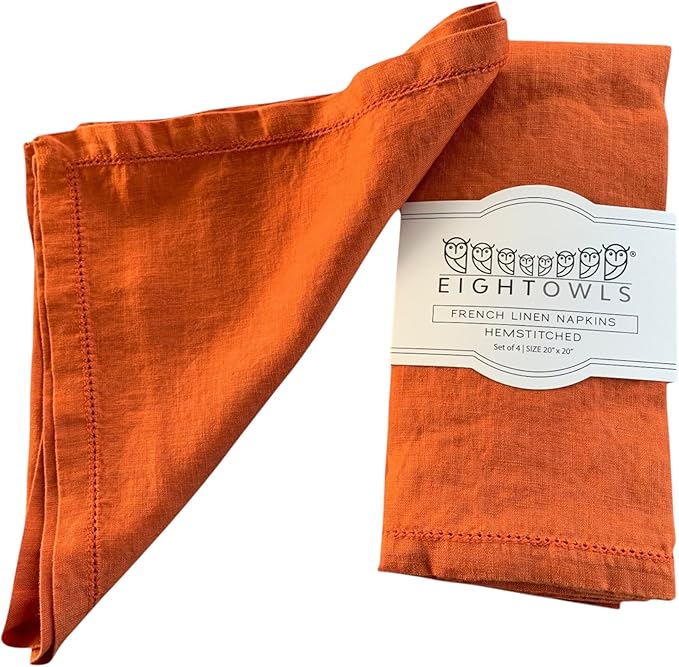 Hemstitched Linen Napkins – 20 Inch x 20 Inch – Stonewashed Pure Linen Cloth Dinner Napkins with Mitered Corners - 100% French Flax – Machine Washable - Set of 4 (Sunset Orange)