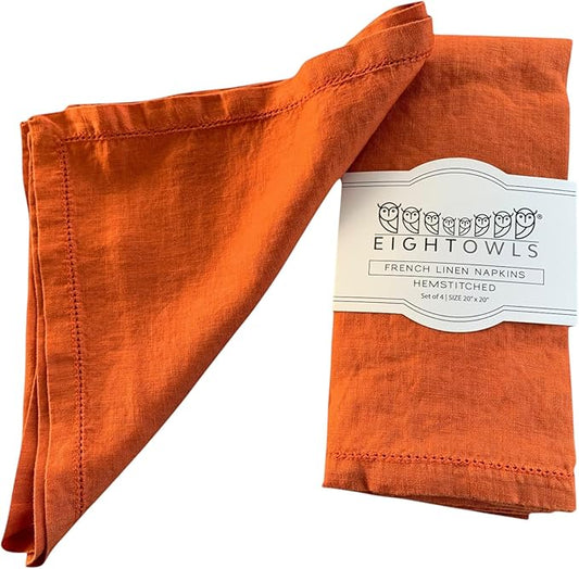 Hemstitched Linen Napkins – 20 Inch x 20 Inch – Stonewashed Pure Linen Cloth Dinner Napkins with Mitered Corners - 100% French Flax – Machine Washable - Set of 4 (Sunset Orange)