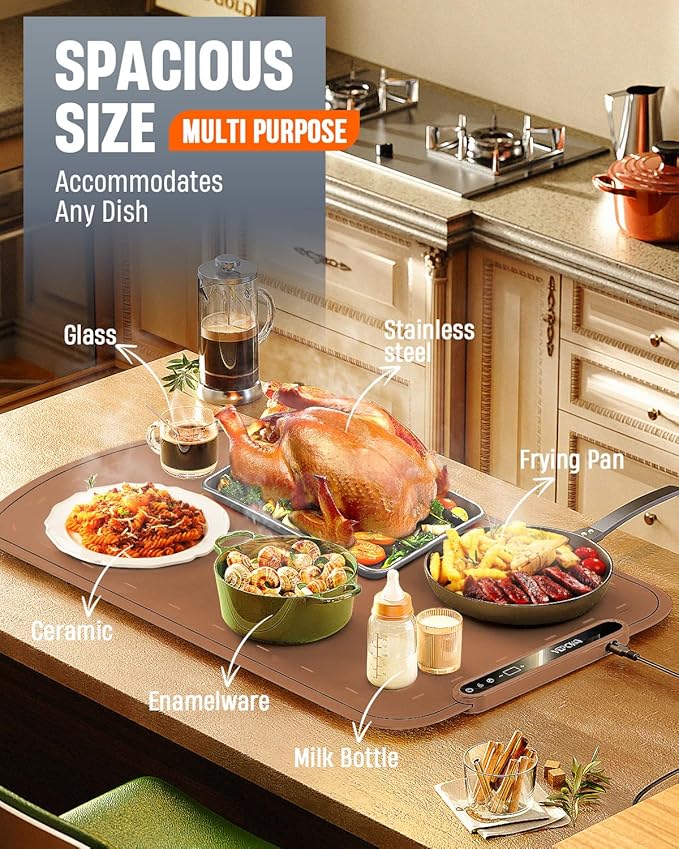 Warming Mat for Food, VEPOKA Food Warmer Mat for Countertop, Electric Warming Tray with 7 Temp Levels & Auto Shut-Off, Food Warmers for Parties, Ideal Gift for Kitchen & Buffet Use