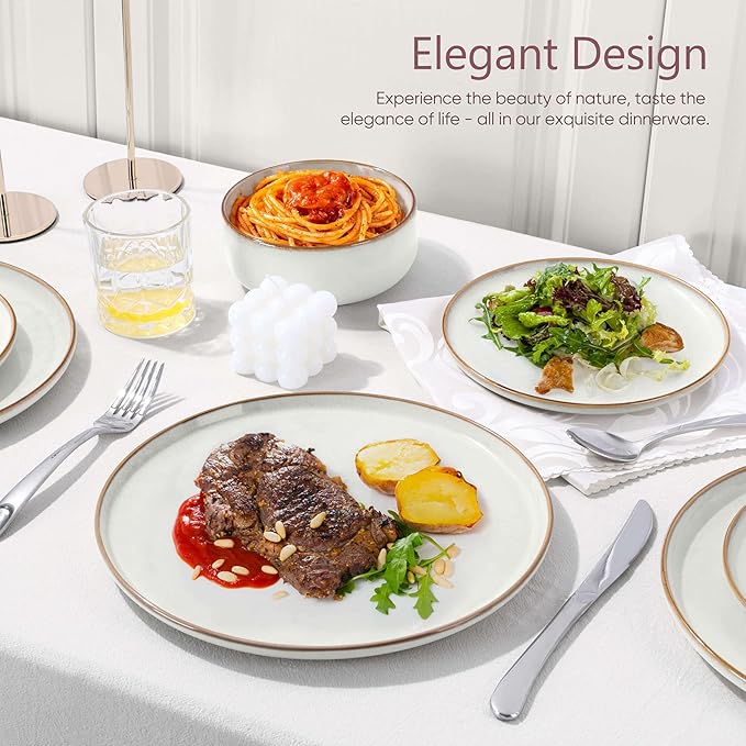 Herogo Plates and Bowls Set for 4, 12 Pieces Stoneware Dinnerware Sets, Double Reactive Glaze, Microwave & Dishwasher Safe, Scratch Resistant, Ivory White