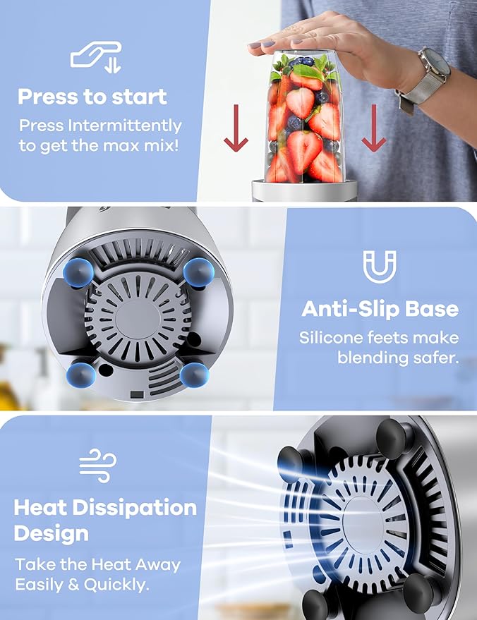 Ganiza Smoothie Blenders, Blenders for Shakes and Smoothie, 15-Piece Personal Blender and Grinder Combo for Kitchen, Smoothies Maker with 4 BPA-Free Portable Blender Cup, Nutritious Recipe, Grey