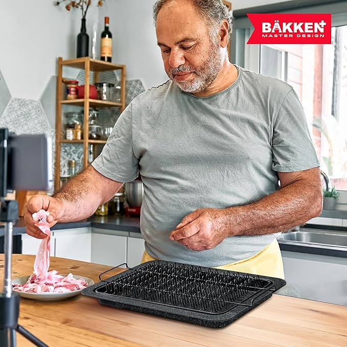 Bakken- Swiss Bacon Tray - 2-Piece Set – Marble Coating - Durable, Non-Stick Cooking Tray for Bacon – Black Stone Tray and Carbon Steel Rack