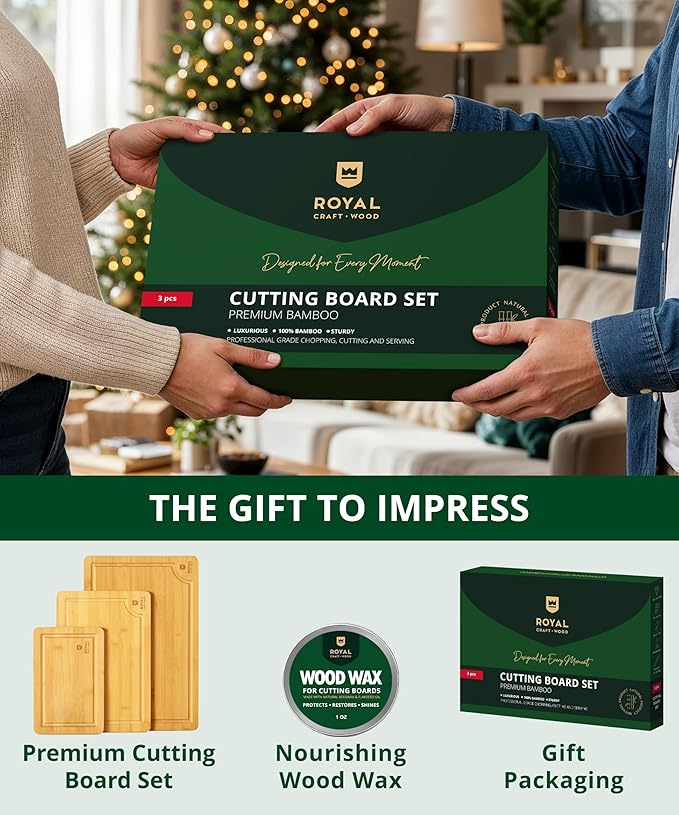 ROYAL CRAFT WOOD Bamboo Cutting Board Gift Set – 3-Piece Reversible Wooden Boards with Deep Juice Groove & Handles – Premium Charcuterie & Butcher Blocks for Kitchen – Holiday Gift-Ready Packaging