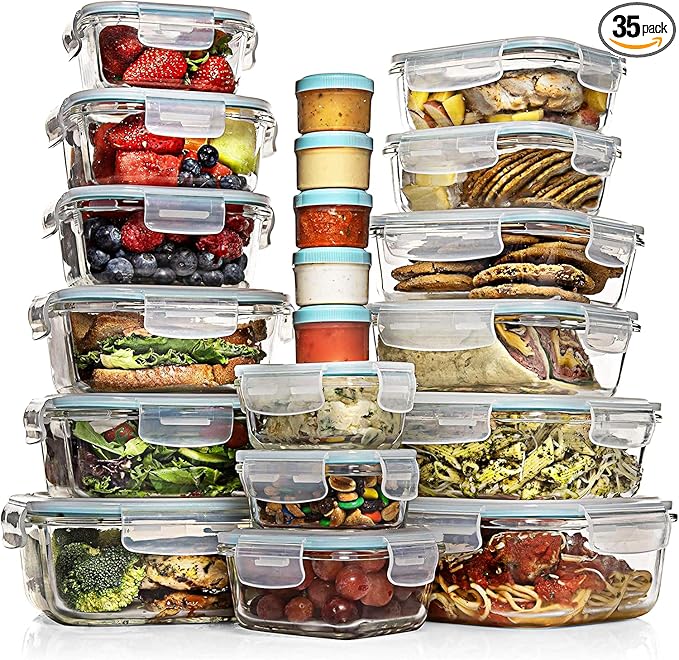 Razab 35 Pc Set Glass Food Storage Containers with Lids - Meal Prep Airtight Bento Boxes BPA-Free 100% Leak Proof (15 lids,15 glass & 5 Plastic Sauce/Dip Containers)