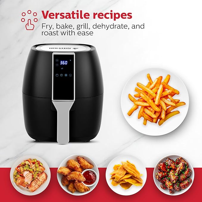 Holstein Housewares 3.7QT Digital Air Fryer. Hot Air Technology & PFOA Free Non Stick Coating for Less Oil Use with Led Display. 7 preset options, Air Fry, Bake, Grill, Dehydrate & roast. Black