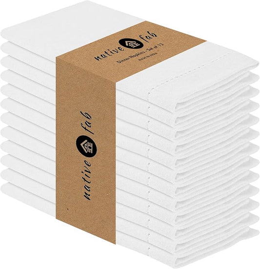 Native Fab Set of 12 Cotton Cloth Napkins, 18 x 18 inch, Hemstitched Edges with Mitered Corners, Soft, Absorbent, Reusable Table Linen Napkins for Wedding, Events, Lunch, Dinner, Parties - White