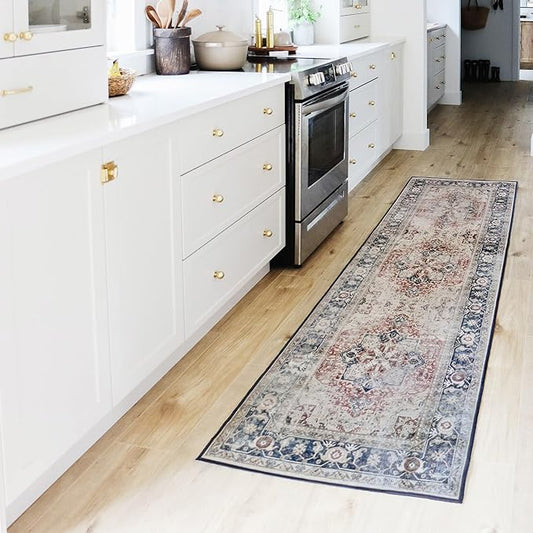 RUGGABLE Washable Vintage Runner Rug – Kamran Royal Blue 2.5x7, Stain-Resistant, Non-Slip Hallway Runner – Machine Washable Rug for Hallway, Entryway, Living Room & Kitchen–with Cushioned Pad