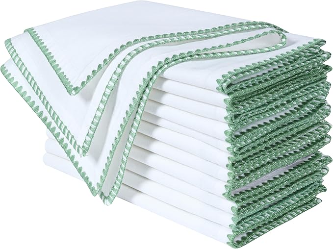 Bedding Craft Cotton Cloth Dinner Napkins Set of 12 – 18x18 Salted Lime with Colored Edge Embroidery – Washable Fabric Napkins for Wedding Table Décor, Parties, Restaurants & Everyday Dining