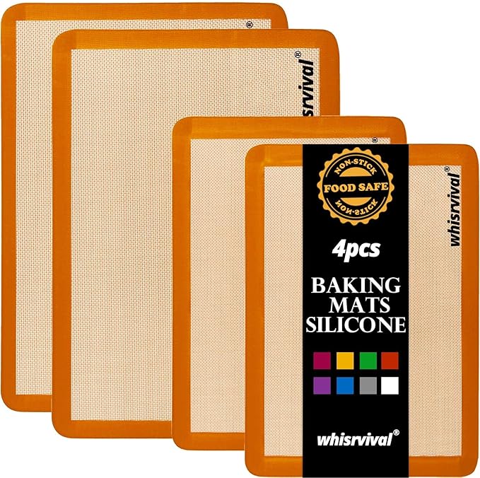 4 Pack Silicone Baking Mat, Non-Stick Silicone Baking Sheet, Food Safe, 480℉ Heat Resistant, 2 Half & 2 Quarter (Orange)