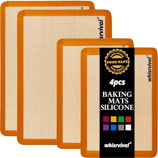 4 Pack Silicone Baking Mat, Non-Stick Silicone Baking Sheet, Food Safe, 480℉ Heat Resistant, 2 Half & 2 Quarter (Orange)