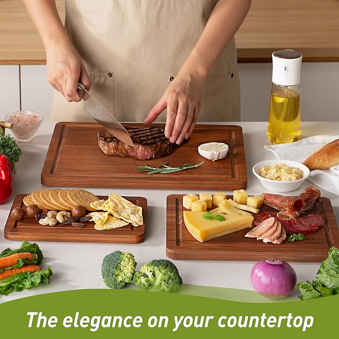 3 Packs Bamboo Cutting Board Set with Non Slip Feet and Over Sink Nice Solid Thick Wood Juice Groove Chopping Board Extra Large Big Small Best Hardwood Kitchen Counter Organic Vegetable