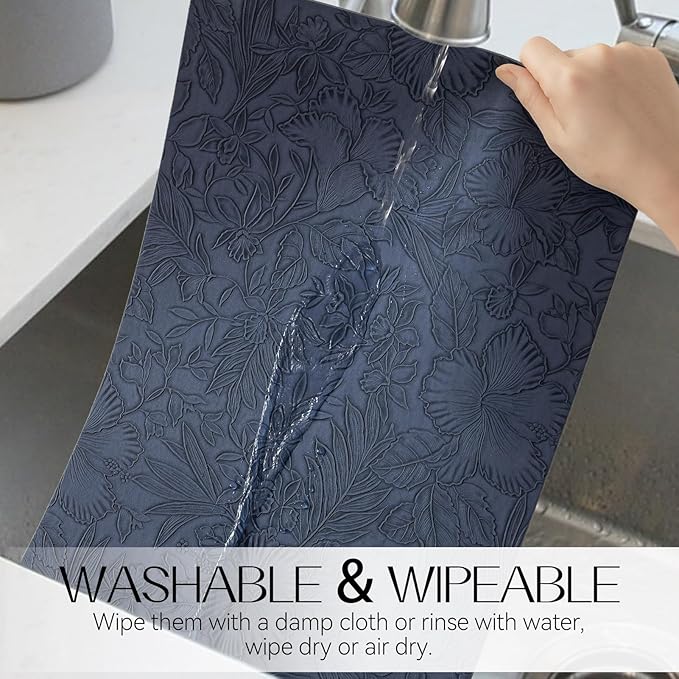 Romanstile Vinyl Placemats Set of 8-12 X 18 Inch - Heat Resistant Non-Slip Embossed Floral Place Mats 100% Waterproof Oilproof Wipeable Faux Leather Table Mats for Kitchen/Dining/Party, Navy Blue