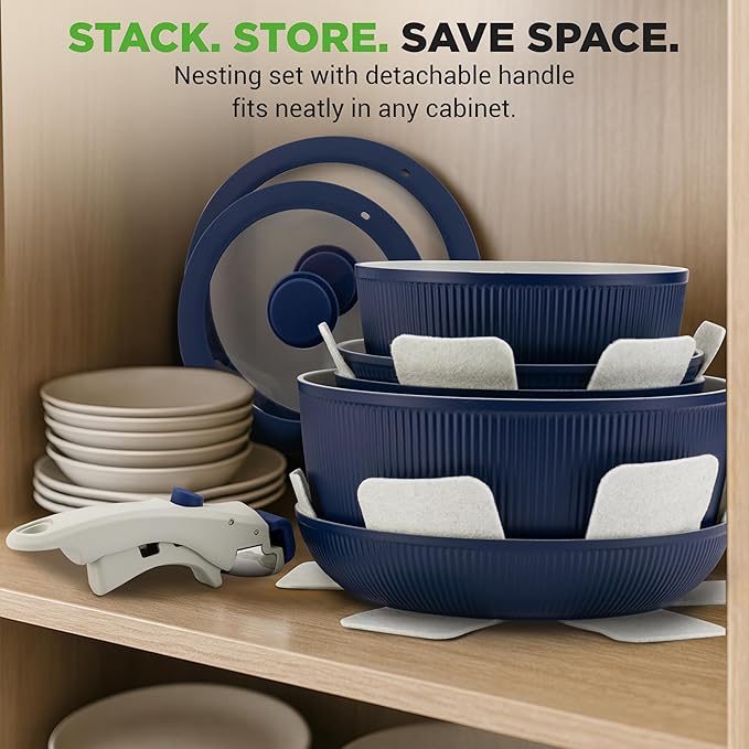 NutriChef 18-Piece Ceramic Cookware Set with Detachable Handles, Non Stick Pots and Pans, PTFE-Free Natural Ceramic Coating, Space-Saving Design, Oven & Stove Safe, Includes Utensils, Blue