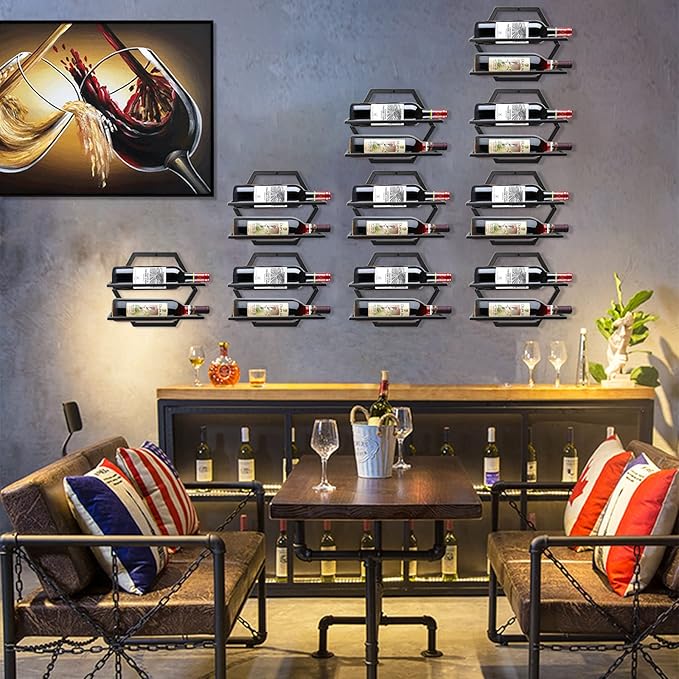 Wall Mounted Wine Bottle Rack, Black Metal Hanging Wine Display Holder Organizer, Red Wine Racks for Home Kitchen Bar Decor Storage (A)