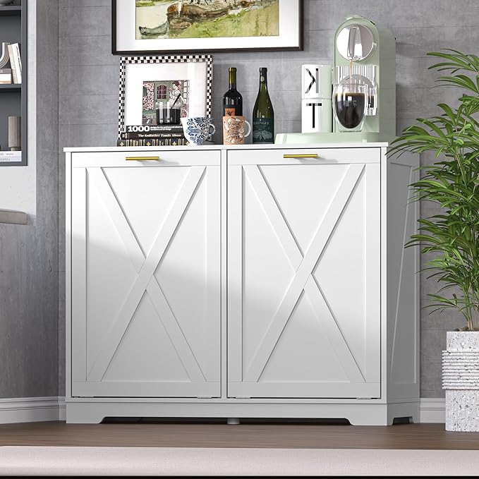 Tilt Out Trash Can Cabinet for 2 Bins, Hidden Recycle Garbage Bin Enclosure, Wooden Double Laundry Cabinet with Odor Control, Negative Ion & Ozone, for Kitchen, Bathroom, Laundry Room