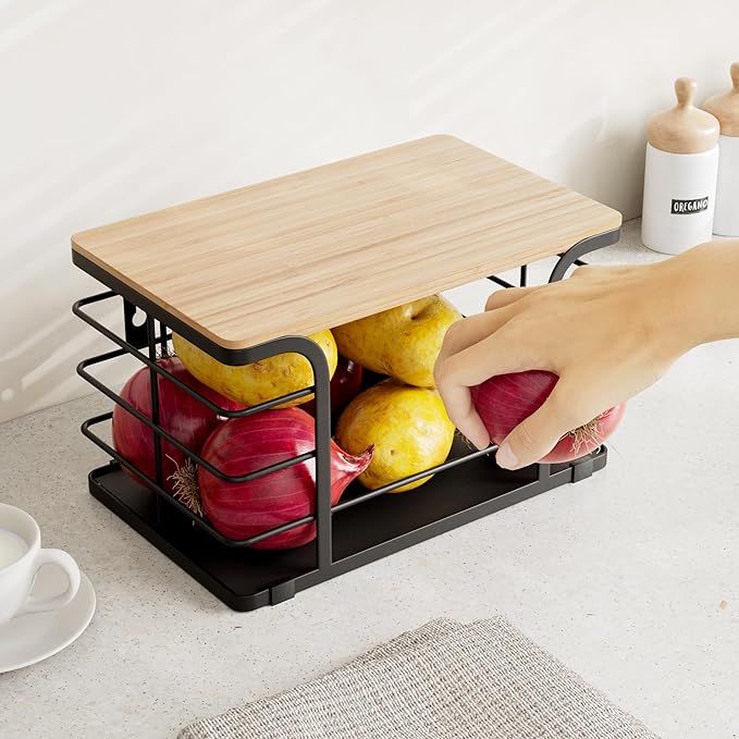 Potato and Onion Storage Bin,Kitchen Organizers Pantry Bin with Bamboo Top for Onion,Potato,Fruits,Vegetable,Produce Storage, Black