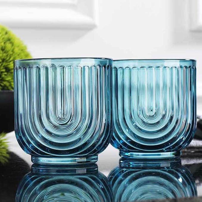 Glaver's Double Old Fashioned Rock Glasses, Set of 4 Blue Whiskey Glasses, 11 oz Art Deco U-Shape Design Embossed Everyday Home Bar Glassware. Art Deco Elegant Kitchen Drinking Glasses.