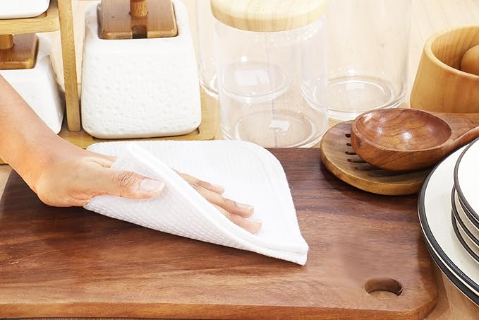 PurpleEssences Dish Cloths and Dish Rags - 8 Pack Waffle Weave Solid Kitchen Dish Wash Cloths, 100% Cotton, 12 x 12 Inches, Ultra Soft Absorbent Quick Drying - Christmas Holiday Winter - White