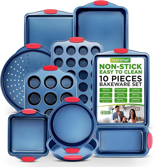 NutriChef 10-Piece Nonstick Bakeware Set - Premium Carbon Steel Baking Pans w/Silicone Handles - Includes Pizza Tray with Holes, 12 & 24 Cup Muffin Pans, Cookie Sheets, Round, Square & Loaf Pan - Blue