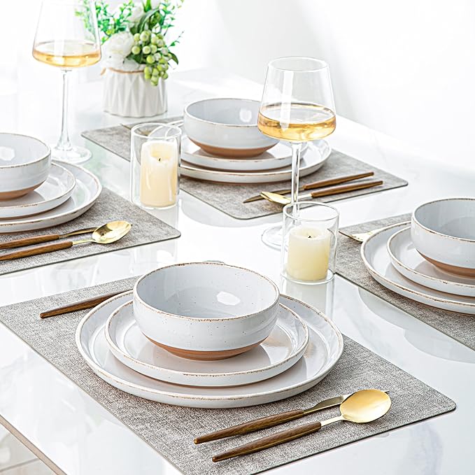 AmorArc Ceramic Dinnerware Sets with Pasta Bowls for 8, Handpainted Plates and Bowls Set with Rustic Terracotta Underside, Scratch Resistant Dishes Set, Dishwasher & Microwave Safe, 32 Pcs-White