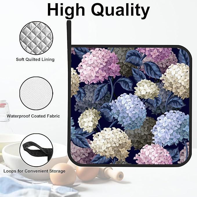 Hydrangeas in Wild Pot Holders Set of 2 Heat Resistant & Non Slip Potholders, Oven Hot Pads for Kitchen Cooking Baking Barbecue