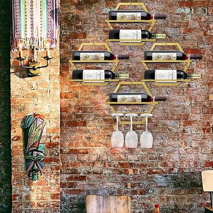 2Pcs Wall Mounted Wine Bottle Rack, Metal Hanging Wine Display Holder Organizer, Red Wine Racks for Home Kitchen Bar Decor Storage(Gold)