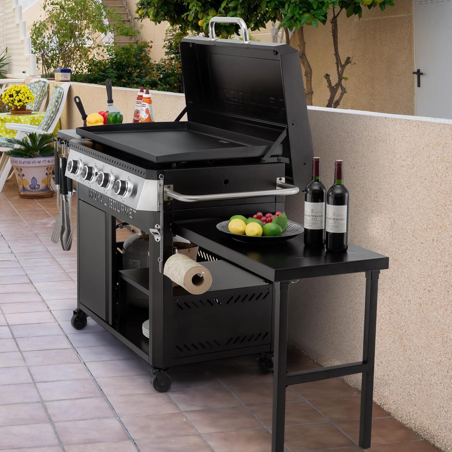 Royal Gourmet GB4008T 4 Burner Propane Gas Griddle with Pull-Out Expandable Table & Foldable Side Shelf, 34-Inch Flat Top Grill with Hood for Outdoor Cooking & Backyard Barbecue, Black