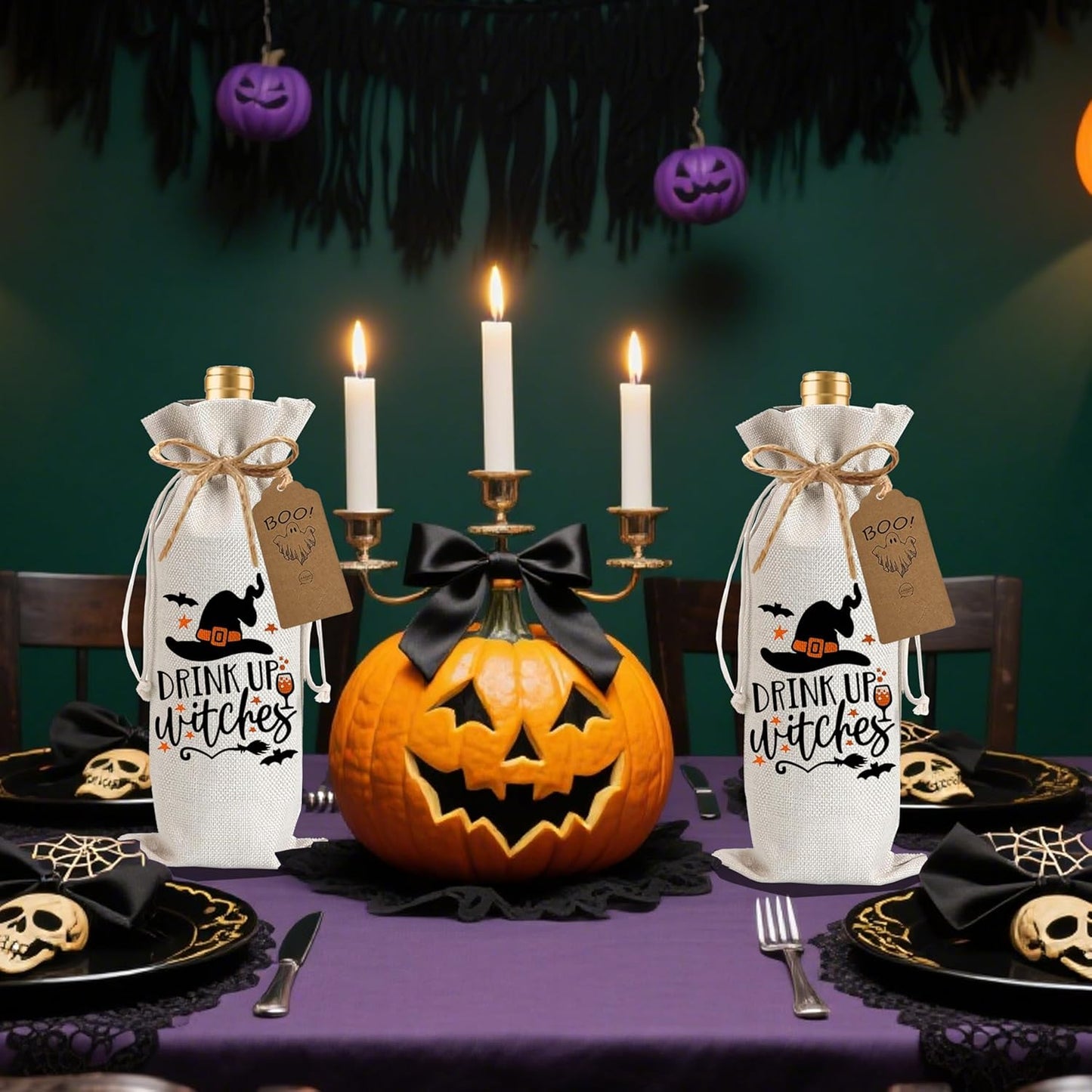 1Pcs Drink Up Witches Gifts Wine Bag,Halloween Wine Bag Halloween Gifts Party Decorations for Women Men with 1Pcs Kraft Blessing Cards and natural jute rope